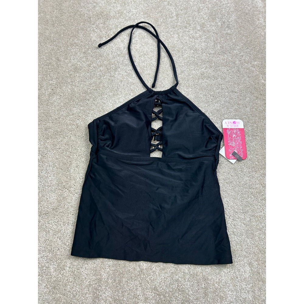 Hula Honey Women's Black S Halter Lace-Up Padded Tankini Top‎ Nylon Spandex
